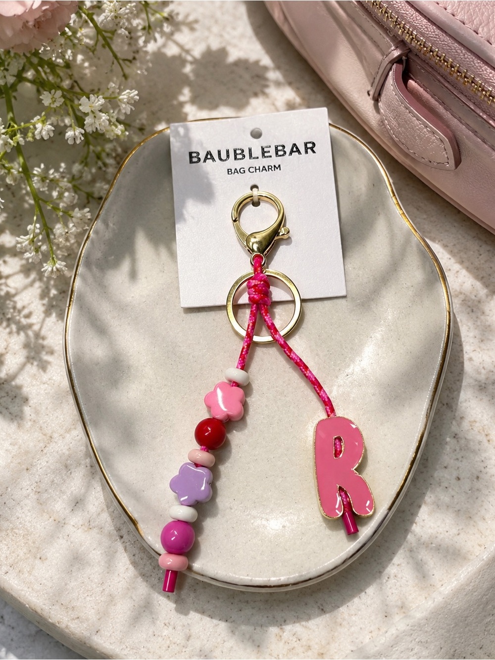 BaubleBar Bag Charm with Letter R and Bead Enhancement Pink/Purple. NWT